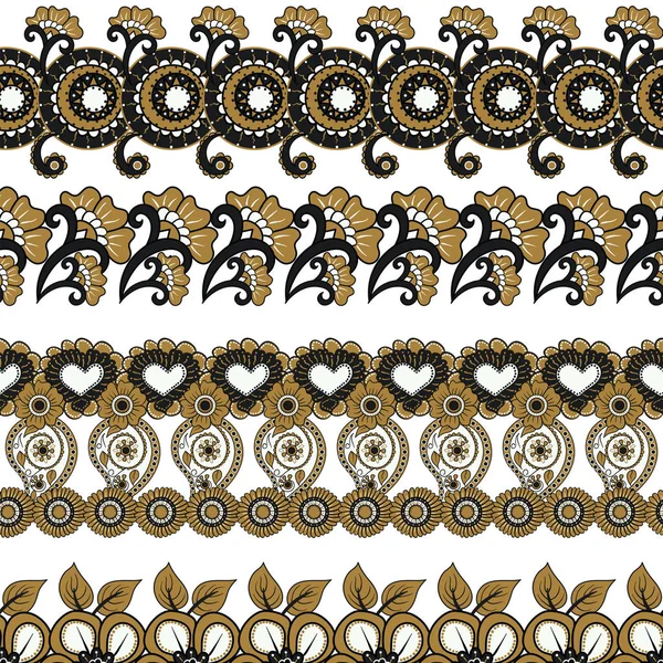 Conjunto vectorial de coloridos bordes sin costura. Adorno kalamkari étnico indio. Diseño folclórico ornamental en estilo oriental — Vector de stock