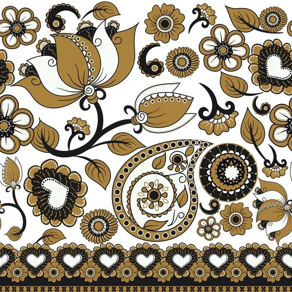 Textura sin costura vectorial. Adorno kalamkari étnico indio. Paisaje floral patrón decorativo — Vector de stock