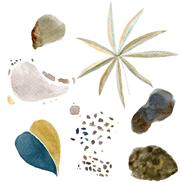 Conjunto de hojas tropicales de acuarela y formas geométricas. Coleccionistas — Foto de Stock