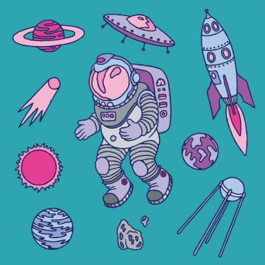 Gökada kozmik elementler, astronot, dünya, uydu, kuyruklu yıldız, gezegen, güneş, roket, uzay gemisi ve göktaşı evrensel çizim uzay çizimi.