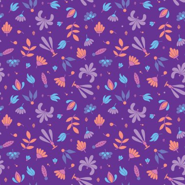 Çağdaş renksiz, çiçekli ve geometrik elementli mor desenli. Mor, turuncu, mavi ve pembe renkler