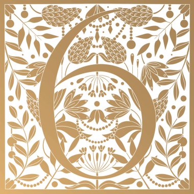 Altı numaranın harika bir gravürlü eski tasviri. Çiçekler, dallar ve yapraklar. Art Nouveau ve Art Deco tarzı. Altın renkli simetrik resim