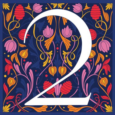 Çiçekler, dallar ve yapraklar olmak üzere iki numaralı kabartma tarzında eski bir illüstrasyon. Art Nouveau ve Art Deco tarzı. Mavi, pembe, kırmızı, turuncu ve sarı renkli simetrik görüntü