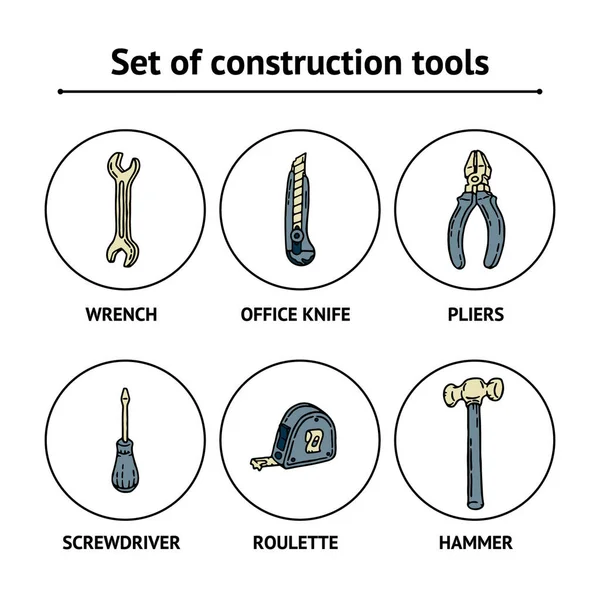 Trabajo y mano de obra dibujado azul y beige conjunto de herramientas de construcción con destornillador, cuchillo de oficina, llave, martillo, cinta métrica y alicates — Archivo Imágenes Vectoriales