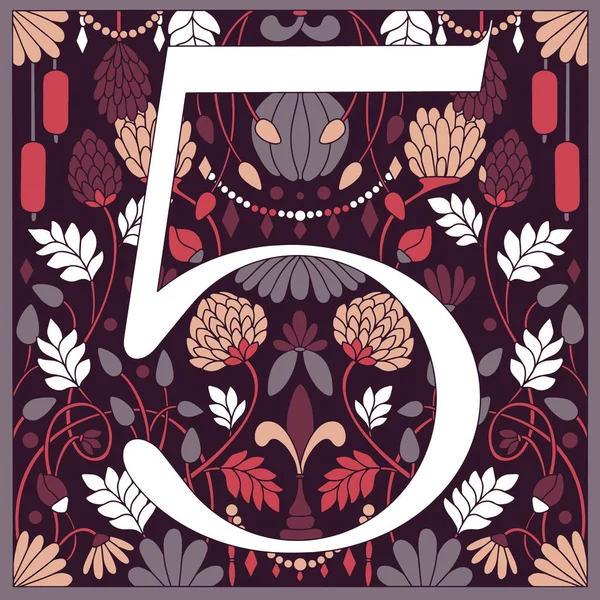 Ilustração retro vintage no estilo moderno do número cinco, flores, ramos e folhas. Art Nouveau e estilo art déco. Imagem simétrica com cores roxas, vermelhas, azuis e bege — Vetor de Stock