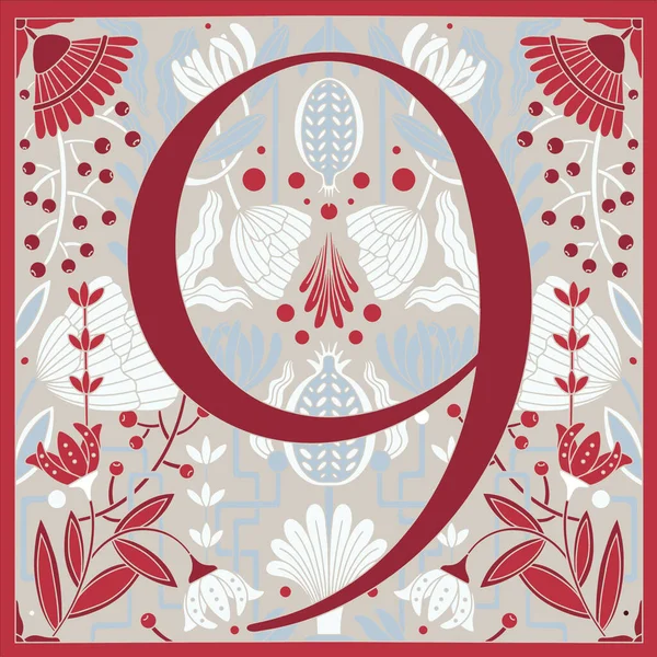 Ilustração retro vintage em estilo moderno do número nove, flores, ramos e folhas. Art Nouveau e estilo art déco. Imagem simétrica com cores cinza, vermelho, azul e branco — Vetor de Stock