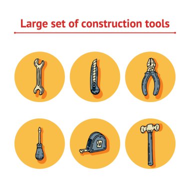 İş ve İşçi Partisi el çizimi mavi ve sarı set inşaat aletleri tornavida, ofis bıçağı, anahtar, çekiç, mezura ve pense ile