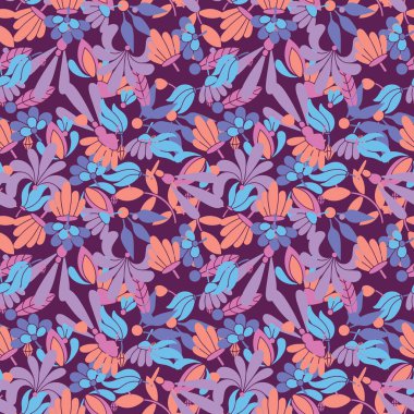 Çağdaş renksiz, çiçekli ve geometrik elementli mor desenli. Mor, turuncu, pembe renkler