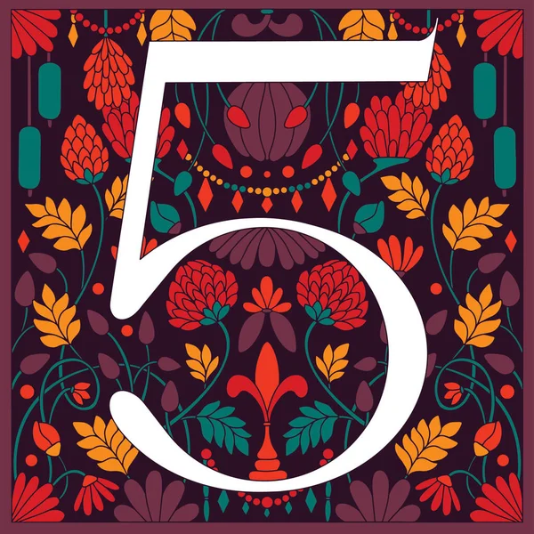 Ilustração retro vintage no estilo moderno do número cinco, flores, ramos e folhas. Art Nouveau e estilo art déco. Imagem simétrica com cores roxo, vermelho, laranja e verde — Vetor de Stock