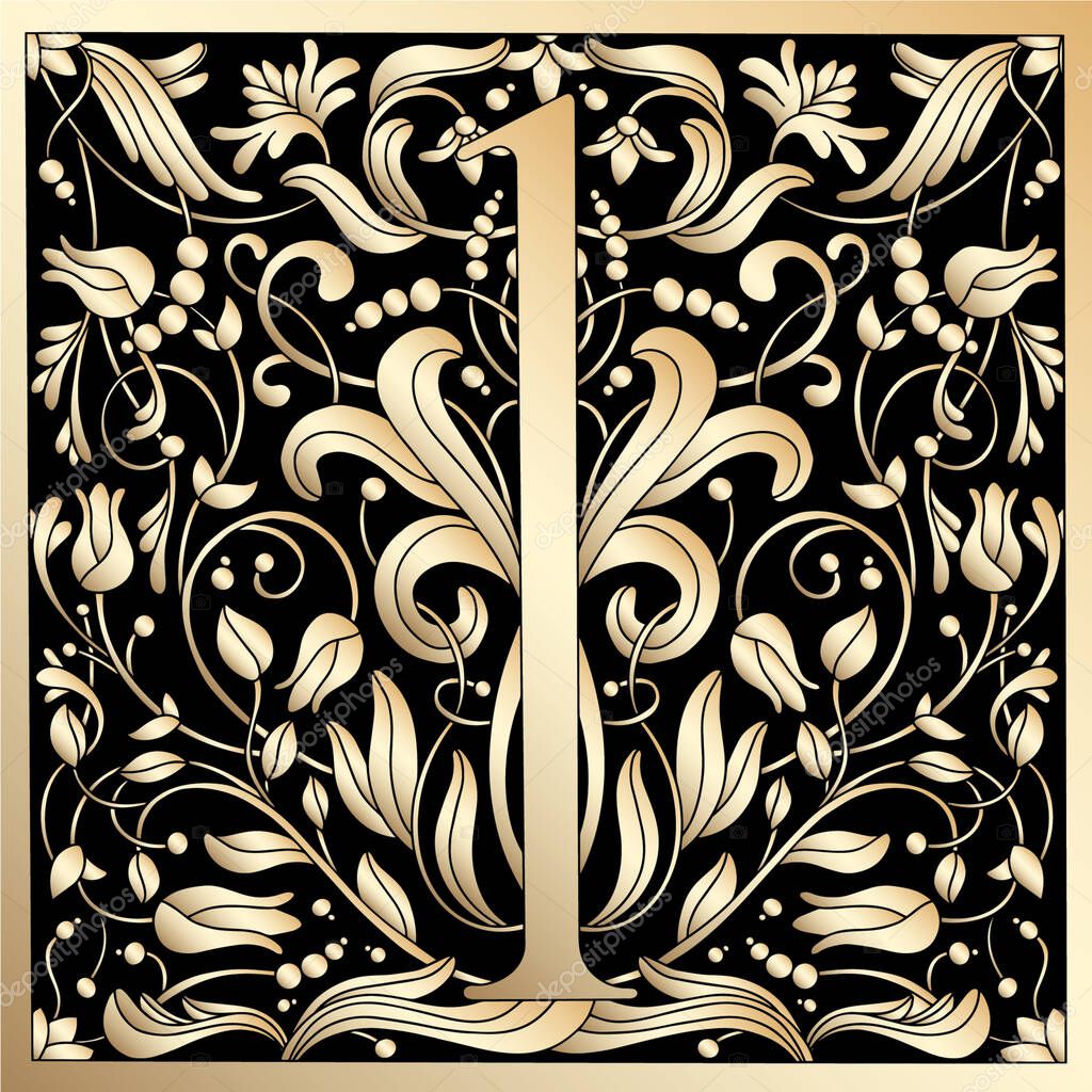 Vintage retro illustration in an engraving great gatsby style of the number one, flowers, branches and leaves. Art Nouveau and art Deco style. Symmetrical image with gold colors. Vector illustration