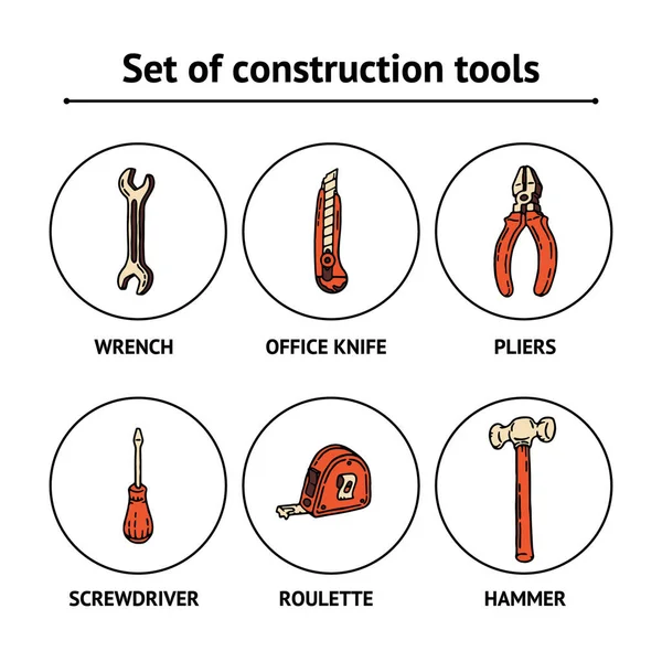 Juego de herramientas de construcción con destornillador, cuchillo de oficina, llave, martillo, cinta métrica y alicates — Archivo Imágenes Vectoriales