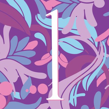 Bir numaralı çiçek, dallar ve yaprakların modern stiliyle klasik illüstrasyon seti. Art Nouveau ve Art Deco tarzı. Mavi, mor, mor ve pembe renkli simetrik görüntü