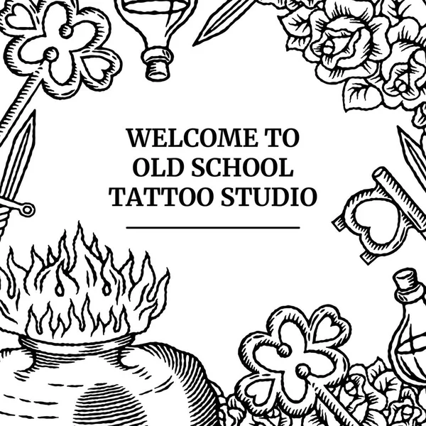 Old school tattoo social media sjabloon banner met bloemen, hart, vuur, fles, mes en sleutels in klassieke retro stijl. Zwart-wit kleuren. — Stockvector