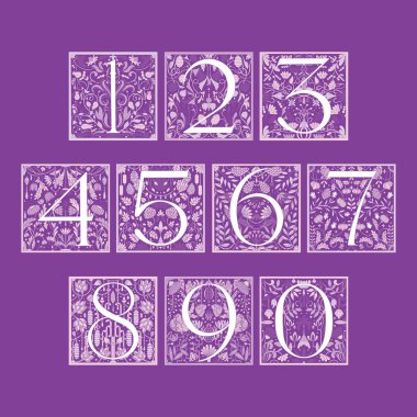 Modern stil, çiçekler, dallar ve yapraklarla Arap rakamları alfabesinin klasik örnekleme seti. Art Nouveau ve Art Deco tarzı. Beyaz, pembe, mor renkli simetrik arkaplanlar