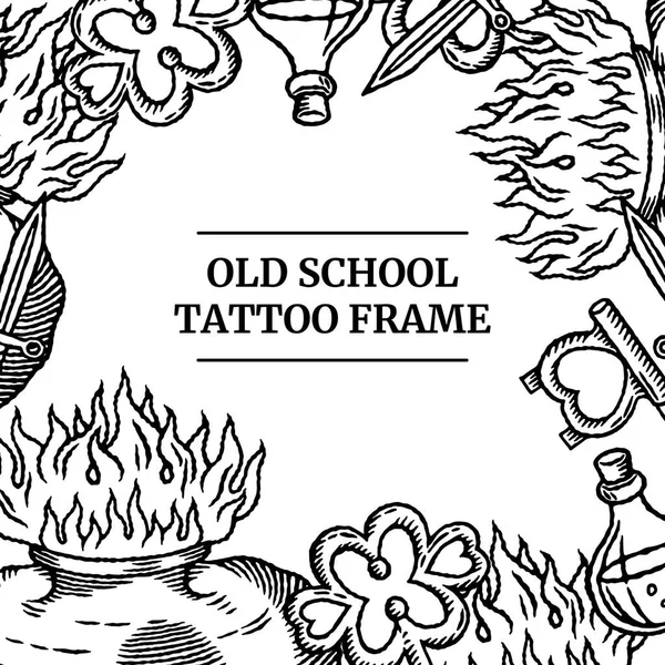 Old school tattoo social media sjabloon banner met hart, vuur, fles, mes en sleutels in klassieke retro stijl. Zwart-wit kleuren. — Stockvector