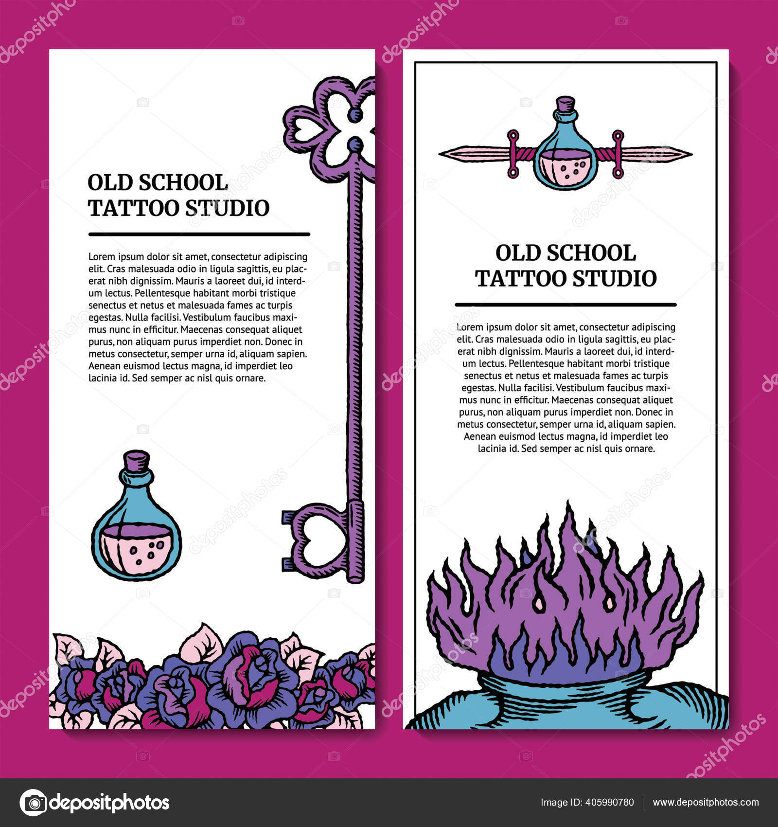 Old School Tattoo Banner Vorlage mit Herz, Rosen, Messer, Glasflasche,  Schlüssel mit Umriss und Schatten in rosa, lila, blauen und violetten  Farben im Retro-Stil Stock-Vektorbild von ©Annytale 405990780, image size:1600x1700