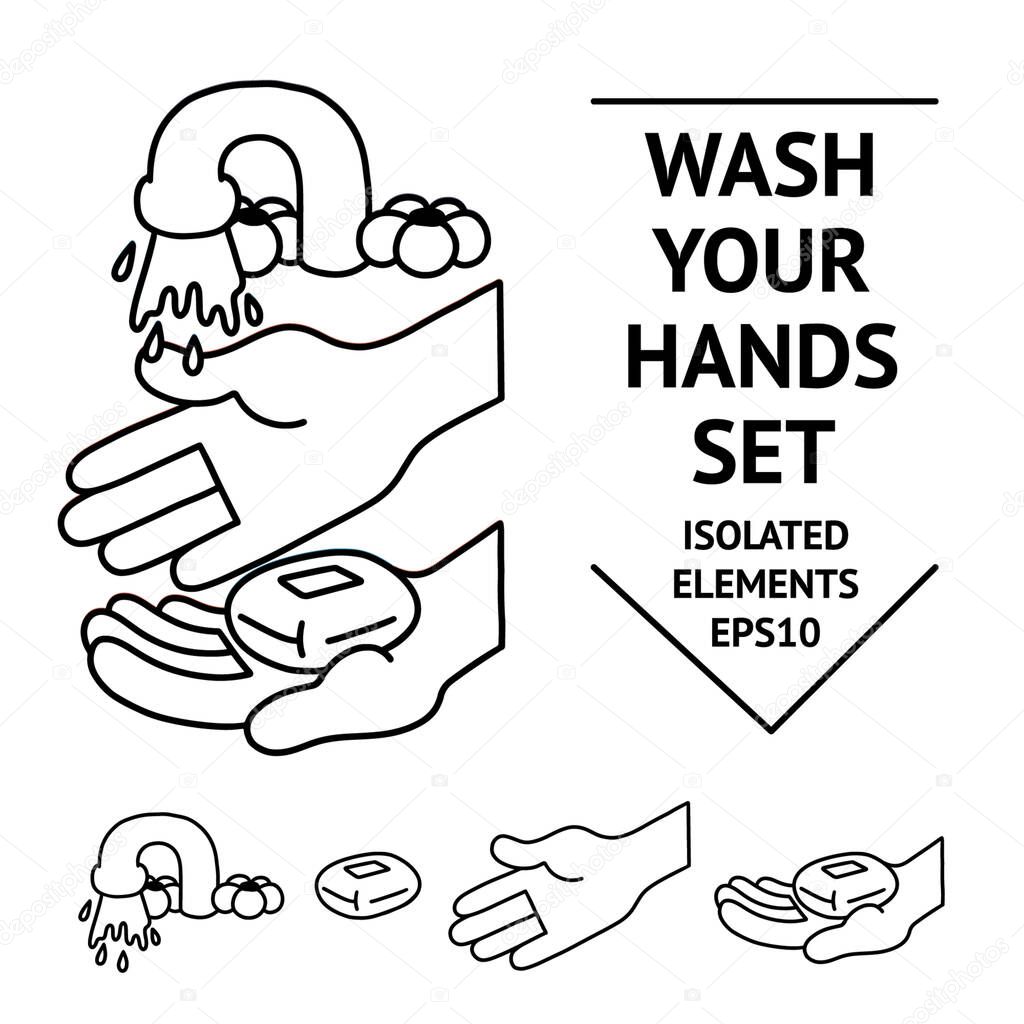 Hands washing manochrome vector healthy covid illustration elements set. Wash your hands, hand drawn. black and white colors. Vector illustration