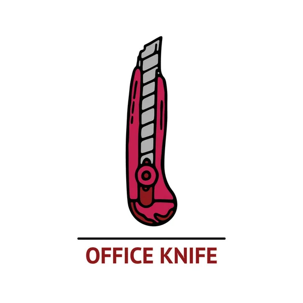 Icono de cuchillo de oficina dibujado a mano. Herramienta de construcción de mano de obra profesional con colores gris y rojo — Archivo Imágenes Vectoriales