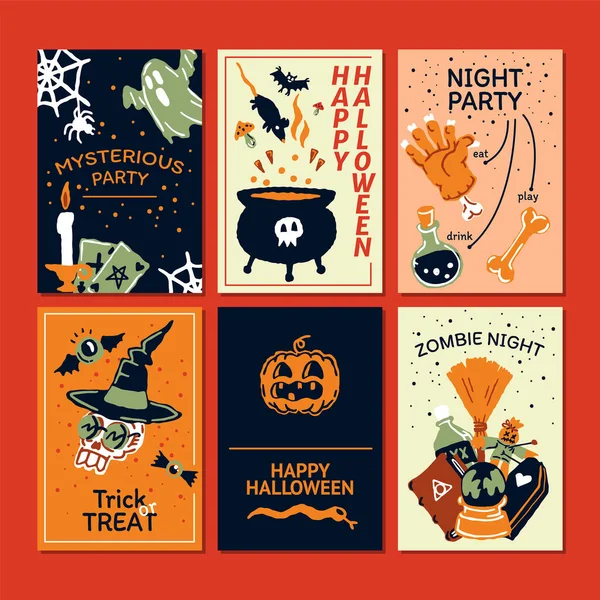 Cadılar Bayramı partisi tanıtım kampanyası sosyal medya afişi sihirli elementlerle dolu. İksirli kazan, sihirli şapka, yarasa, kafatası, mum, balkabağı, sihirli top, kartlar, hayalet. Poster, afiş, özel teklif. — Stok Vektör