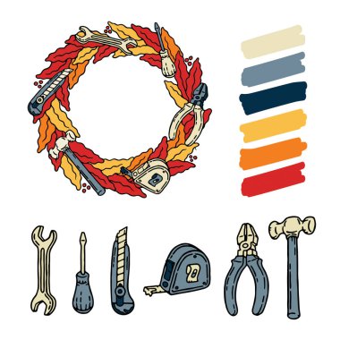 Profesyonel işçi çalıştırıcı ve işçi günü seti. İş günü. Tornavida, ofis bıçağı, anahtar, çekiç, mezura ve kerpetenle birlikte el yapımı sarı ve turuncu çelenk.