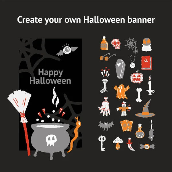 Fiesta de Halloween promoción venta de banner de medios sociales plantilla con elementos mágicos. Caldero con poción, sombrero mágico, bate, cráneo, vela, calabaza, bola mágica, cartas, fantasma. Póster, banner, oferta especial. — Archivo Imágenes Vectoriales