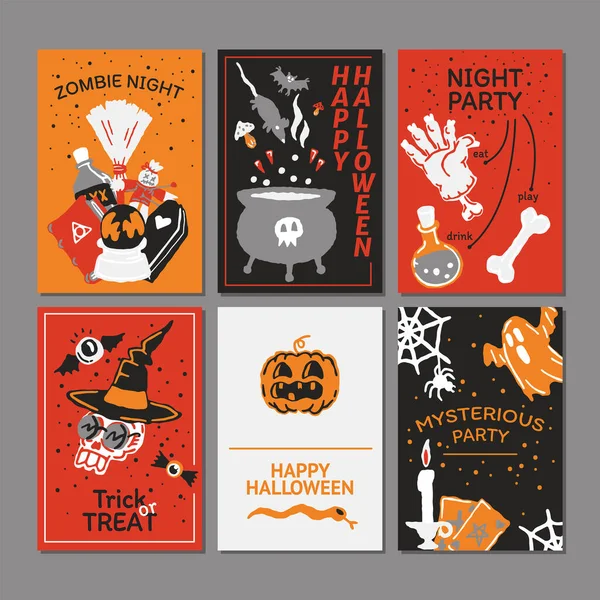 Halloween party promocyjne sprzedaży szablon baner social media z elementami magii. Kocioł z miksturą, magiczny kapelusz, nietoperz, czaszka, świeca, dynia, magiczna kula, karty, duch. Plakat, baner, oferta specjalna. — Wektor stockowy