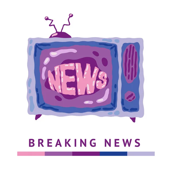 Χέρι ζωγραφισμένα κινούμενα σχέδια doodle τηλεόραση διάνυσμα εικονογράφηση με γράμματα λέξη βίντεο ειδήσεις σε vintage μοντέρνο στυλ — Διανυσματικό Αρχείο