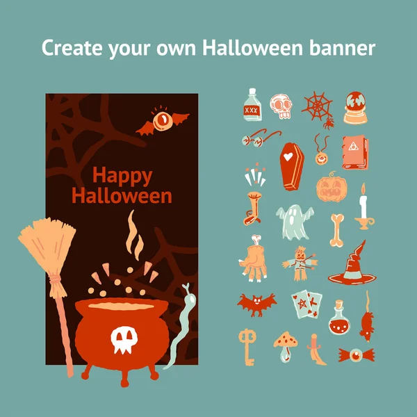 Хэллоуин партии промо продажи социальных медиа шаблон баннера с волшебными элементами. Котел со зельем, волшебная шляпа, летучая мышь, череп, свеча, тыква, волшебный шар, карты, призрак. Плакат, баннер, специальное предложение. — стоковый вектор