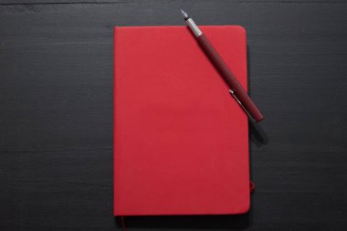 Kırmızı defter ve üstünde bir kalem.