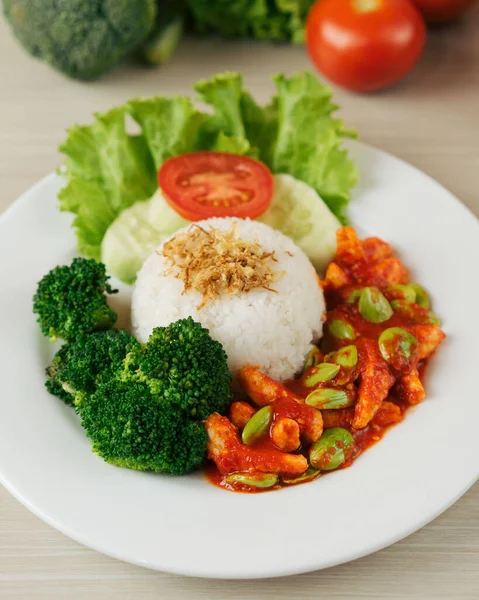 Vegetarian Rice Broccoli Chili Sauce Bitter Bean — Stock Photo, Image
