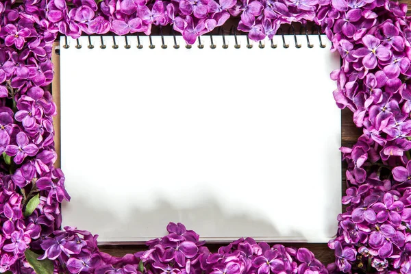 Cuaderno en blanco rodeado de flores lila como marco. Imagen perfecta para saludos — Foto de Stock