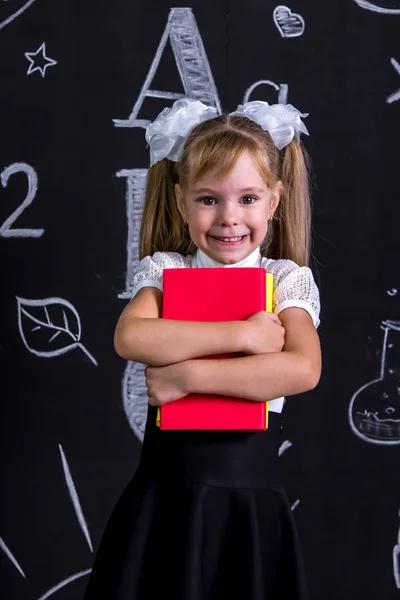 Sonriente colegiala feliz de pie ante la pizarra como fondo con un par de libros abrazándolos. Retrato de imagen — Foto de Stock