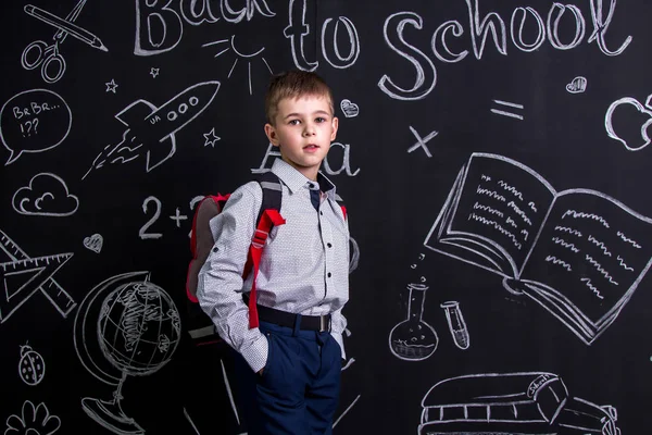 Ładny uczniak stojąc przed chalkboard jako tło z plecakiem na plecach. Obraz pejzaż — Zdjęcie stockowe