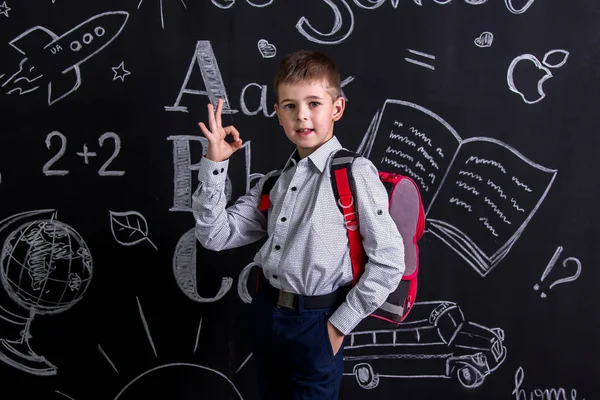 Stojąc przed chalkboard jako tło z plecakiem na plecach Wyświetlono znak Ok Ładna uczniak. Obraz pejzaż — Zdjęcie stockowe