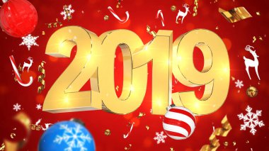 Nostaljik Noel dekorasyonu, altın metin 2019, kırmızı arka plan ile renkli tinsel, Noel oyuncaklar