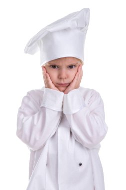 Beyaz arka planda, çene altında elele izole kızgın kız Şef beyaz üniforma. Portre resim