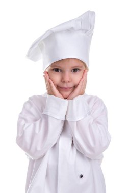 Beyaz arka planda, çene altında elele izole gülümseyen kız Şef beyaz üniforma. Portre resim