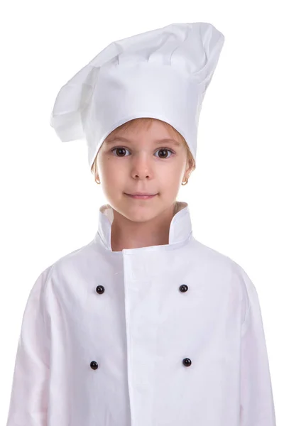 Menina chef uniforme branco isolado no fundo branco. Imagem do retrato — Fotografia de Stock