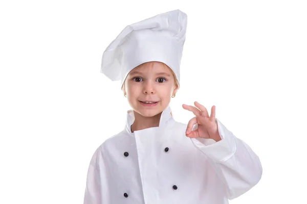 Ικανοποιημένοι κορίτσι στολή σεφ λευκό απομονώνονται σε λευκό φόντο. Δείχνουν Ok σημάδι. Εικόνα του τοπίου — Φωτογραφία Αρχείου