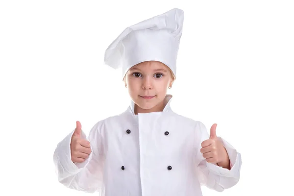 Happy fille satisfaite chef uniforme blanc isolé sur fond blanc. Montrant du doigt. Image paysage — Photo