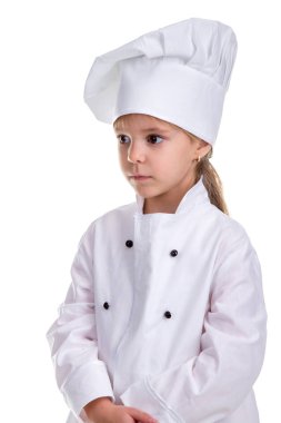 Üzgün ve ciddi şef kız bir aşçı üniformalı. İnsan duyguları, yüz ifadesi duygu, tutum