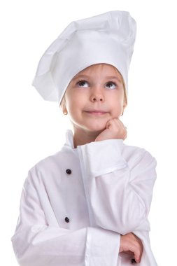Çene altında elini tutarak bakılması, beyaz arka plan üzerinde izole şaşkın kız Şef beyaz üniforma. Portre resim