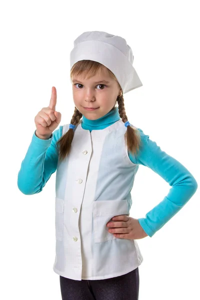 Professionele vrouwelijke arts, wijzende vinger toont aandacht, portret — Stockfoto