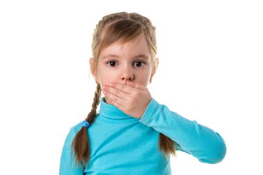 Closeup scared girl covering her mouth with hand on white landscape background clipart