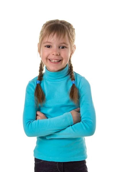 Portret van een gelukkig vrolijk glimlachend meisje met handen gekruist, witte geïsoleerde landschap achtergrond — Stockfoto