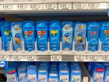 Orlando,FL/USA -5/9/20:  A display of Secret deodorant ready for customers to purchase at a Publix grocery store. clipart