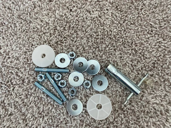 Screws Nuts Washers Tool Needed Assemble Chairs Carpeted Floor — Stock Photo, Image