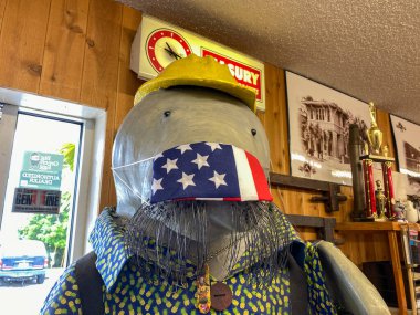 FT Pierce, FL / USA - 6 / 4 / 20: İnşaat işçisi gibi giyinmiş bir Manatee heykeli ve FT, FL 'deki bir Ace Hardware mağazasında koronavirüs onuruna maske takıyor.