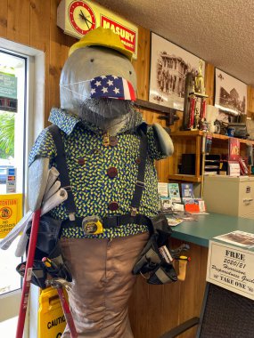 FT Pierce, FL / USA - 6 / 4 / 20: İnşaat işçisi gibi giyinmiş bir Manatee heykeli ve FT, FL 'deki bir Ace Hardware mağazasında koronavirüs onuruna maske takıyor.