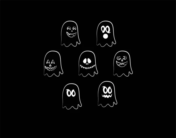 Set Spooky Halloween Platte Pictogram Zwarte Achtergrond Vector Illustratie — Stockvector
